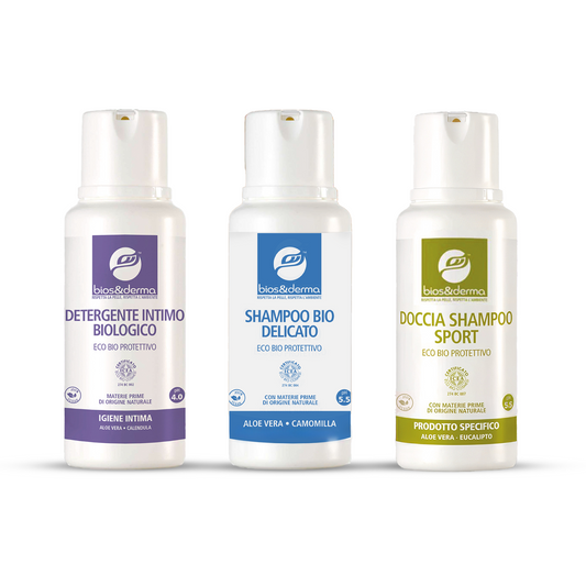 TRIS CONFEZIONE REGALO da 250ml - SHAMPOO, INTIMO, SPORT - Bios&Derma